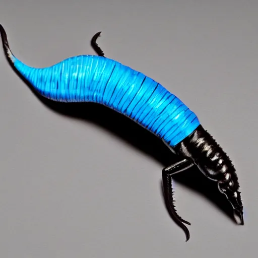 Image similar to studio photograph of a matte dark gray worm with a neon blue head and tail