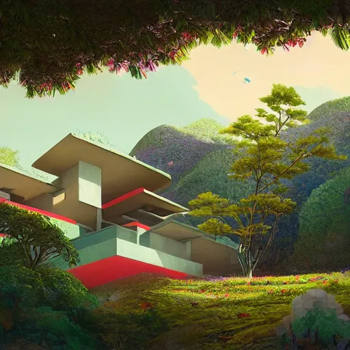 Prompt: modernist house inspired by a tibetan palace on a hill, big green trees, colorful clouds, dramatic lighting, artstation, matte painting, raphael lacoste, simon stalenhag, frank lloyd wright, zaha hadid