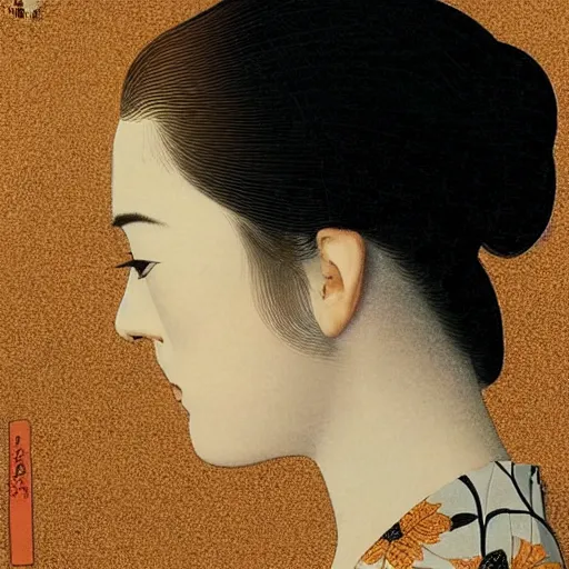 Prompt: “ evan rachel wood portrait by ikenaga yasunari and ayana otake and ko rakusui, 6 0 s poster, drawing, realistic, sharp focus, japanese, dreamy, nostalgia, faded, golden hues, floral clothes, porcelain skin ”