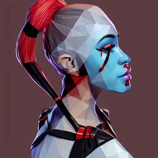 Image similar to digital art, low poly 3d render of Harley Quinn but she's a beautiful young ape with long pony tails on either side of her head, illustration, comic, by James Jean, artgerm, octane render, by John Coltrane and Marc Simonetti, Manic, graffiti, kinemacolor, colorful, high detail of the face, full body