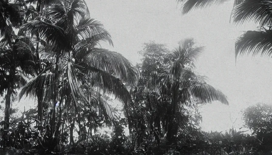 Prompt: lost film footage of a sacred ready - made object in the middle of the ( ( ( ( ( ( ( ( ( tropical jungle ) ) ) ) ) ) ) ) ) / film still / cinematic / enhanced / 1 9 0 0 s / black and white / grain