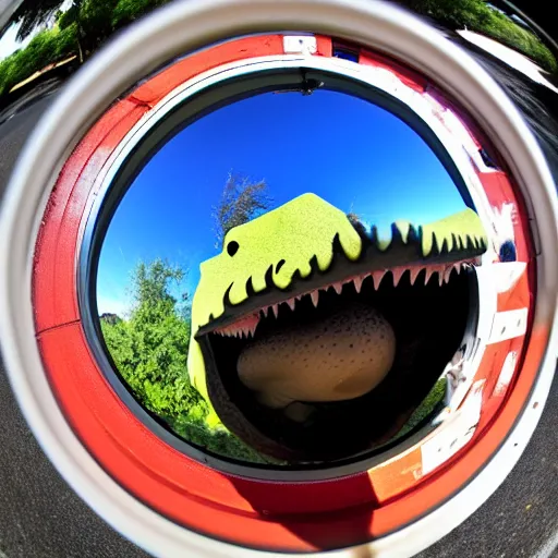 Image similar to Fisheye view of dinosaur stealing packages