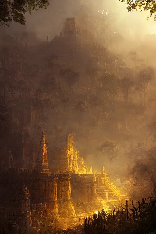 Image similar to old aztec city of gold in the middle of the forest, intricate, elegant, volumetric lighting, digital painting, highly detailed, artstation, sharp focus, illustration, concept art, ruan jia, steve mccurry