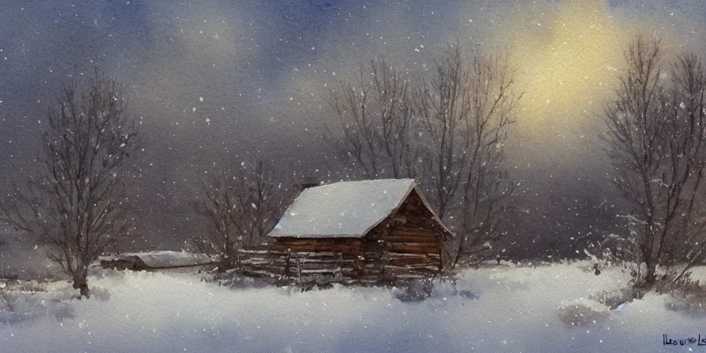 Prompt: a watercolor painting of a cabin in a snowy landscape, at dusk, painted by lars lerin, impressionism, snow storm