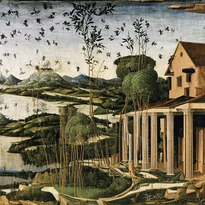 Prompt: a building in a serene landscape, by sandro botticelli