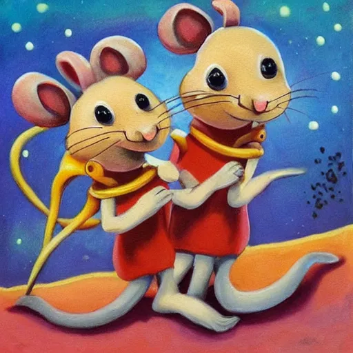 Image similar to two cheerful mice on a planet made of cheese, highly detailed painting