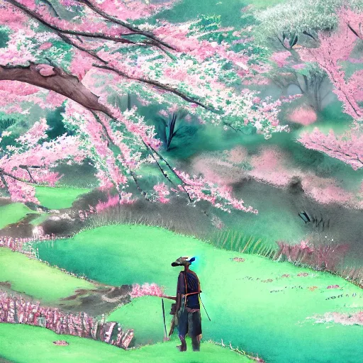 Prompt: A lone samurai watching over a valley of cherry blossom trees, water color painting, concept art, HD —H 1024