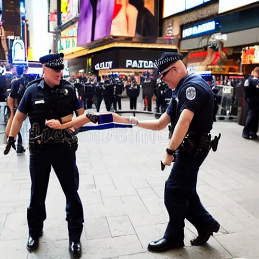 Image similar to a police officer handcuffing another police officer, both smiling, time square, stock photography, award - winning,