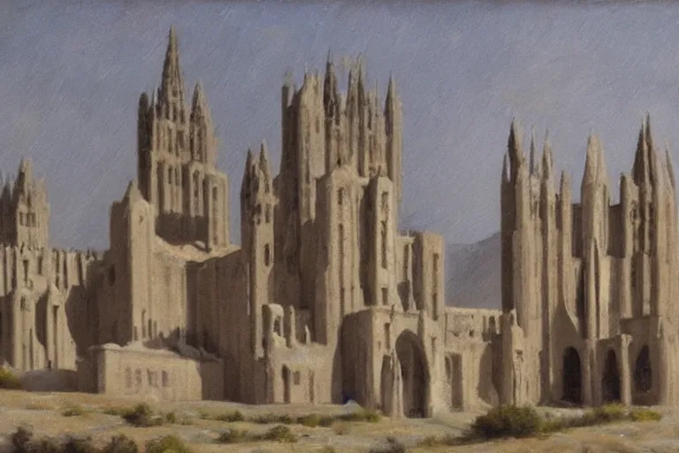 Prompt: landscape hills made of liquid melted wax paper and white brutalist desert gothic cathedral painted by paul gustav fischer