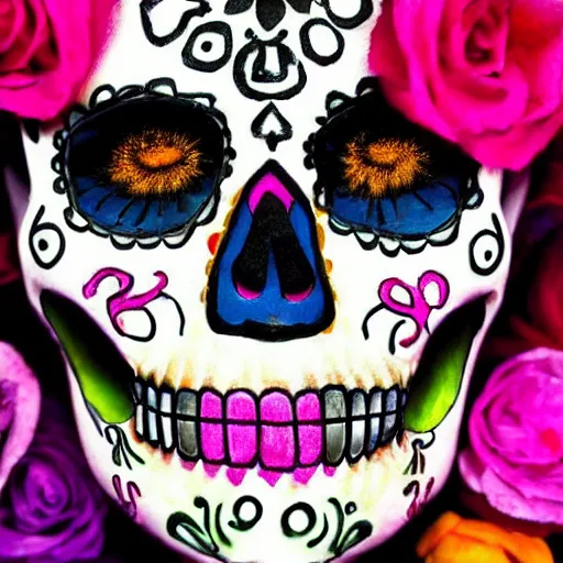 Prompt: beautiful dia de muertos sugar skull artwork on a real human skull, 1 6 k resolution, ultra realistic, highly detailed, colorful, festive