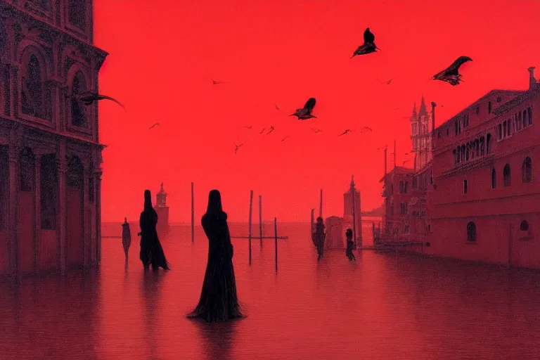 Image similar to only with red, a red dystopic knight, venice, flock of birds in the red sky, in the style of beksinski, parts by edward hopper, parts by rodcenko, parts by yue minjun, intricate and epic composition, red by caravaggio, insanely quality, highly detailed, masterpiece, red light, artstation, 4 k