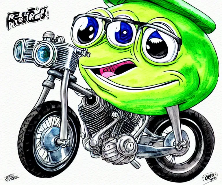 Prompt: cute and funny, closed mouth pepe wearing a helmet riding in a tiny hot rod harley motocrycle with oversized engine, ratfink style by ed roth, centered award winning watercolor pen illustration, isometric illustration by chihiro iwasaki, edited by range murata, details by artgerm