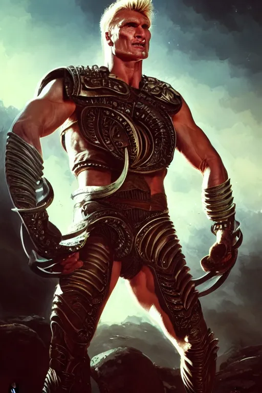 Prompt: dolph lundgren as an alien gladiator, sci - fi, fantasy, intricate, artstation, full body, concept art, smooth, sharp focus by huang guangjian and gil elvgren and sachin teng, 8 k