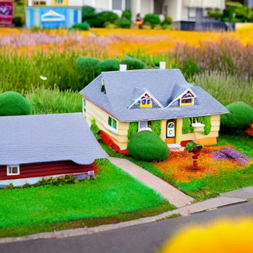 Image similar to diorama of The Simpsons' house, tilt-shift photography, highly detailed