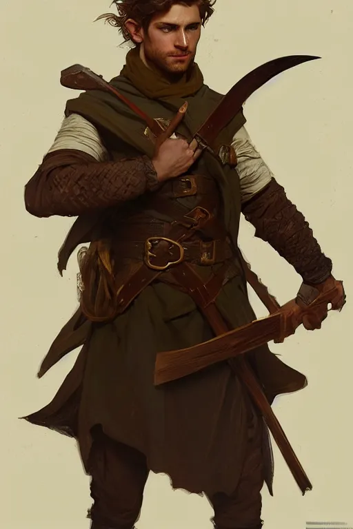 Image similar to portrait of a beautiful fit young elf male ranger, with fluent cloths, leather armor, by greg rutkowski and alphonse mucha, d & d character, gradient brown to white, autumn background, highly detailed portrait, digital painting, artstation, concept art, smooth, sharp focus illustration, artstation hq