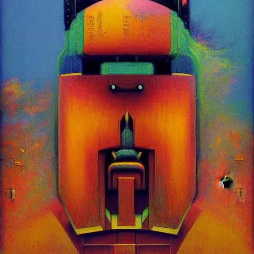 Prompt: portrait of a colourful tribal mecha robot, symmetrical, painting by zdzislaw beksinski,