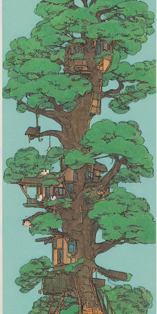 Prompt: Japanese childrens book illustration of a treehouse, 1980s, matte, tasteful