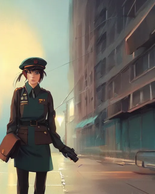 Image similar to young woman with shoulder length light brown hair and hazel eyes dressed in a sharp dark teal military uniform and beret, blurred city background in twilight lighting, ilya kuvshinov, anime, greg rutkowski, guweiz, ross tran, artstation trending, artgerm, concept art, digital painting, painterly