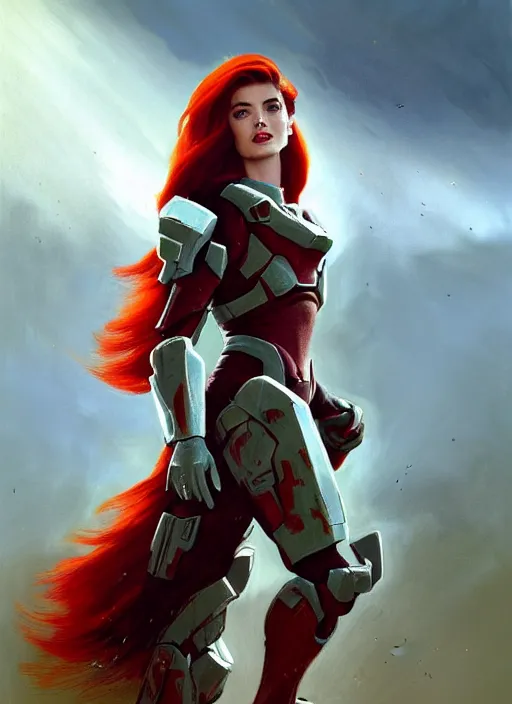 Image similar to A combination of Adriana Dxim's and Grace Kelly's and Ashley Greene's appearances with red hair wearing Forerunner armor from Halo, countryside, calm, fantasy character portrait, dynamic pose, above view, sunny day, thunder clouds in the sky, artwork by Jeremy Lipkin and Giuseppe Dangelico Pino and Michael Garmash and Rob Rey and Greg Manchess and Huang Guangjian, very coherent asymmetrical artwork, sharp edges, perfect face, simple form, 100mm