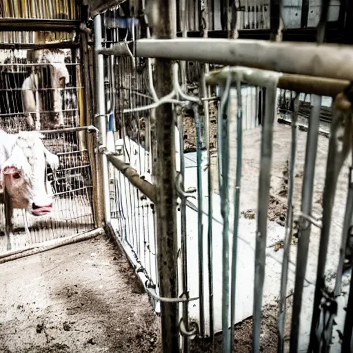 Image similar to dirty bottle of milk and a cow inside a cage, inside slaughterhouse