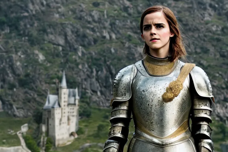 Image similar to promotional image of Emma Watson as Joan of Arc in the new movie directed by Ridley Scott, full suit of gilded plate armor, castle in the background, detailed face, movie still, promotional image, imax 70 mm footage