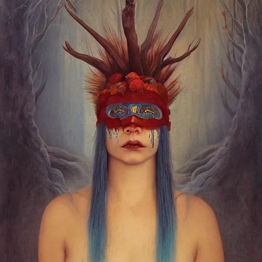 Image similar to A young blindfolded shaman woman with a decorated headband from which blood flows, in the style of heilung, blue hair and wood on her head. The background is a forest on fire, made by Esao Andrews and Karol Bak and Zdzislaw Beksinski,