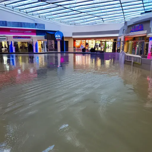 Prompt: a shopping mall flooded with water with semidirectional lighting, 4k, liminal, 40mm lens