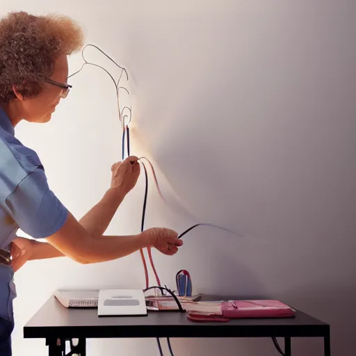 Image similar to older woman building electrical wiring on desk, soft lighting, matte painting, curly hair