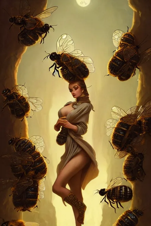 Prompt: fantasy beekeeper, stunning woman, wearing nanotech honeycomb robe, silky, surrounded by bees, cinematic, greg rutkowski, peter mohrbacher