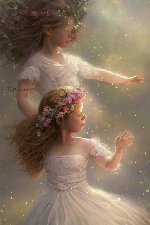 Prompt: very beautiful little girl dancing in the wind, beautiful face, ultradetailed, ethereal, flowers, beautiful wedding dress, gorgeous, volumetric lighting, elegant, digital painting, concept art, illustration, limited color palette, art by greg olsen and liz lemon swindle