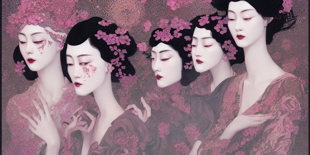 Prompt: breathtaking detailed concept art painting art deco pattern of goth faces goddesses amalgamation flowers, by hsiao - ron cheng, bizarre compositions, exquisite detail, extremely moody lighting, 8 k