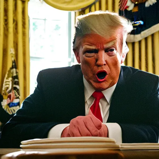 Prompt: cinematic screenshot of president trump shoves wads of classified documents into his mouth, eating paper like it's lunch, in the oval office, moody scene from thriller film 1 9 8 0 s directed by stanley kubrick, detailed portrait, moody backlit cinematography, anamorphic 2 4 mm lens, kodak color film stock