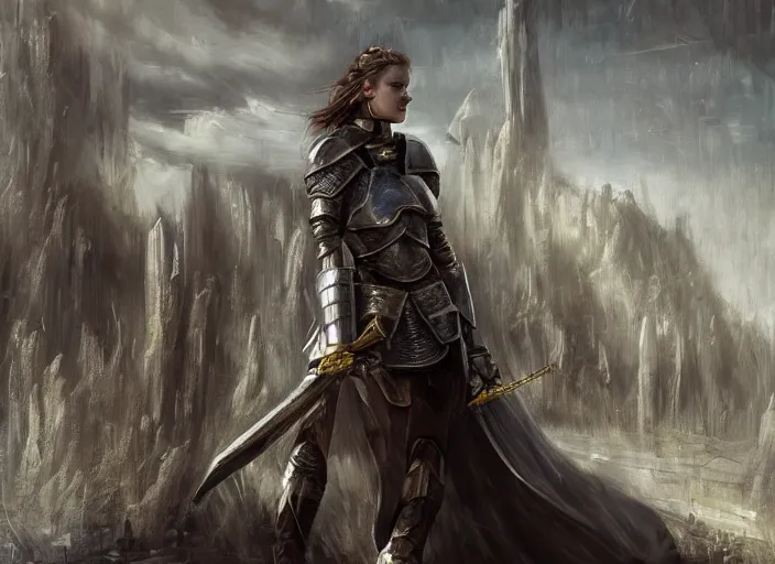 Image similar to landscape of a future city, a young english woman between the ages of 2 0 - 2 5 years, wearing armor and pointing a dagger, wearing a face full of anger. cinematic capture, dramatic condition, fine art, modern realism, sharp focus, good lighting, trending on artstation, trending on tiktok, smooth drawing, elegant, authoritative, without anomalies.