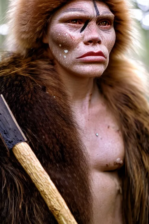 Image similar to a professional portrait photo of a muscular neanderthal woman in the forest in winter holding a spear, freckles and dirt on face, black stripe painted side to side across her eyes, ginger hair and fur, extremely high fidelity, natural lighting, still from the movie clan of the cave bear