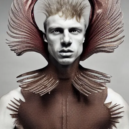 Image similar to a beautiful young male alienwearing iris van herpen couture, his hair moves with the wind, photographed by erwin olaf