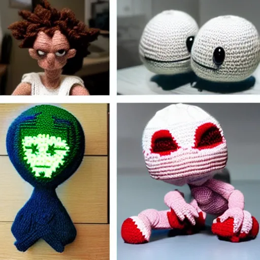 Prompt: stills from the knitted version of the video game alien isolation, cute styling, yarn, photorealistic