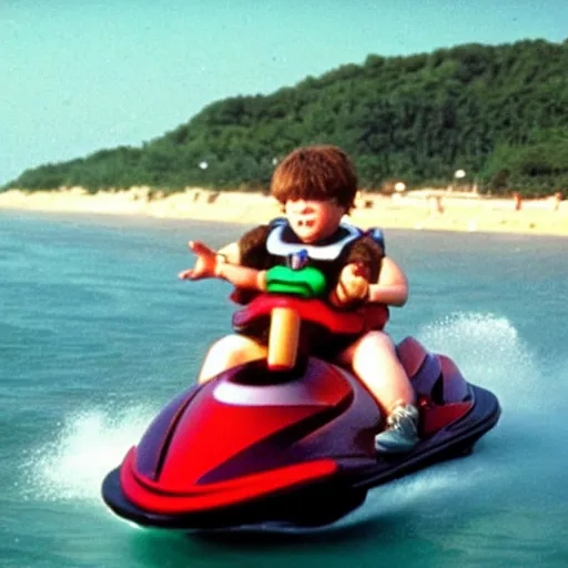 Prompt: photo of chunk from “the goonies” riding a jetski and giving “sign of the horns” 8k