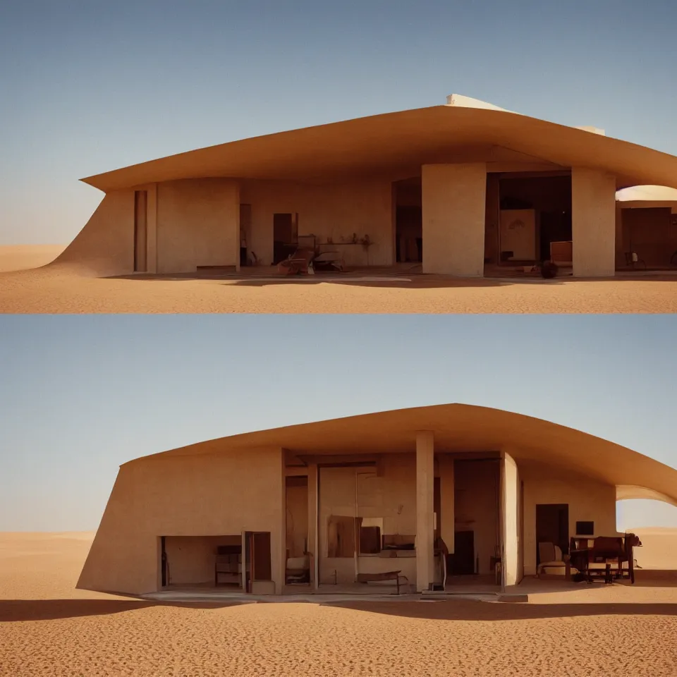 Prompt: A mid-century house designed by Norman Foster in the middle of the sahara desert. Film Grain, cinematic. Brown sand. Full color. Magic Hour.