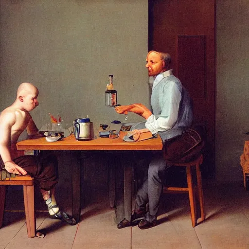 Prompt: man sitting at table, normal rockwell