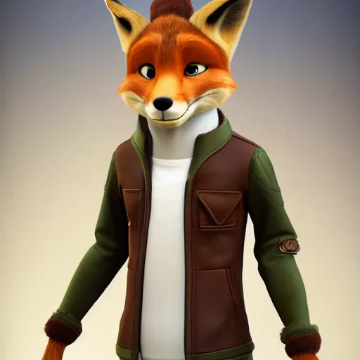 Image similar to 3 d render, portrait, anthropomorphic fox, male, in a brown leather maxi jacket, in the style of zootopia