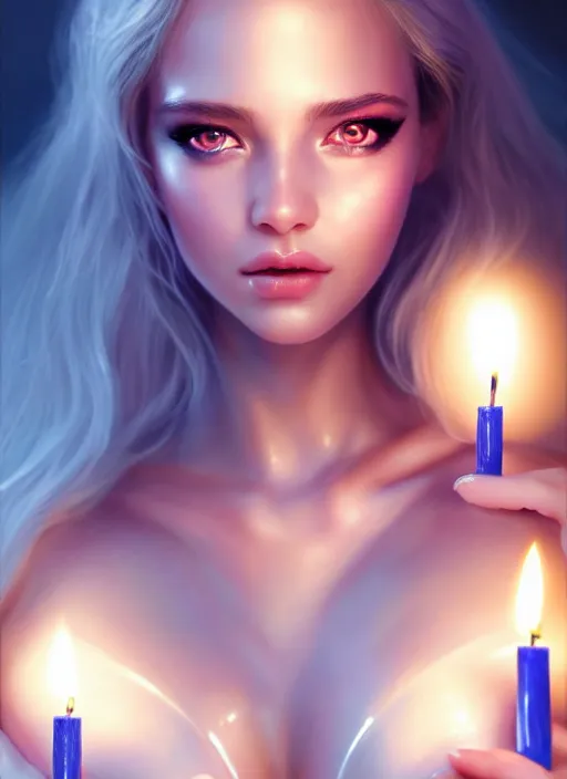 Prompt: a gorgeous female photo, professionally retouched, soft lighting, wearing shiny plastic armor, holding a candle, realistic, smooth face, perfect eyes, wide angle, sharp focus on eyes, 8 k high definition, insanely detailed, intricate, elegant, art by artgerm and wlop