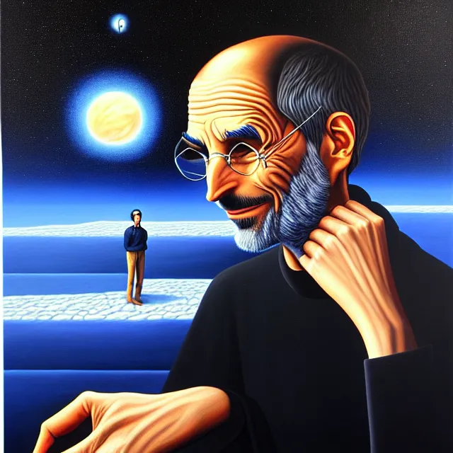 Prompt: an oil on canvas portrait painting of steve jobs, surrealism, surrealist, cosmic horror, rob gonsalves, high detail