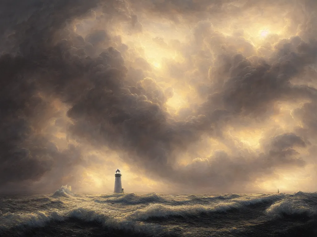 Prompt: a painting of a storm battering a lighthouse by justin gerard, paul bonner, highly detailed, oil on canvas, artstation hd