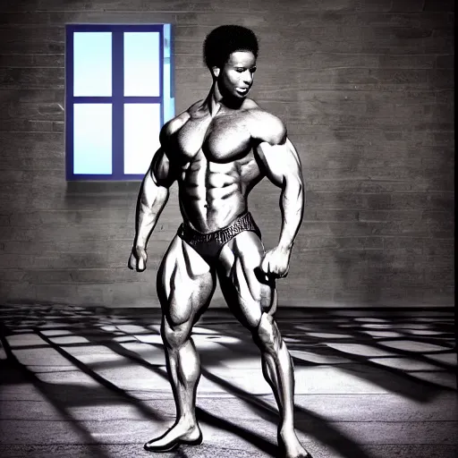 Image similar to the artist formerly know as Prince with the physique of a body builder, realistic, detailed, cinematic, dynamic lighting, photorealistic, refined, intricate, digital art, background a gym, masterpiece, 8k