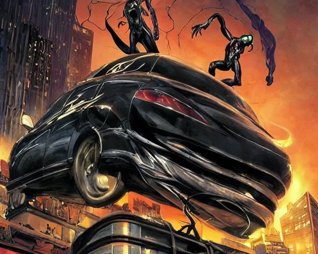 Image similar to Venom standing on top of a wrecked car in the city, open arms art by Clayton Crain and Gerardo Sandoval, Ultra detailed