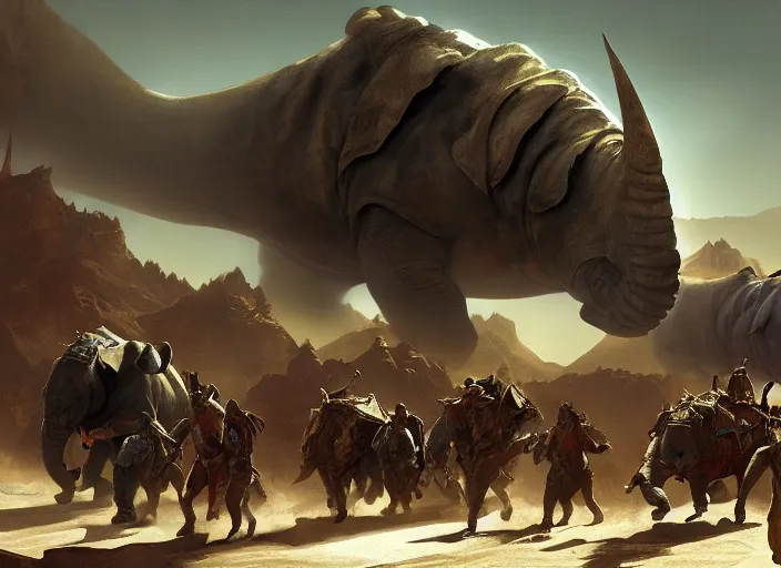 Image similar to the big large expedition with a crowd of adventurers being brought by gigantic transport rhinos carrying stuff towards the desert of duhnes medium shot, key art by craig mullins, bloom, dramatic lighting, cinematic, high details