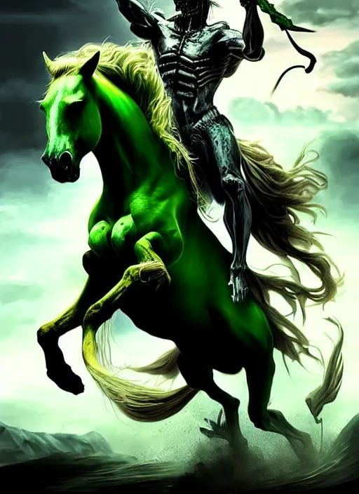 Prompt: the singular horseman of the apocalypse is riding a strong fierce ferocious rabid undead green stallion, horse is up on its hind legs, the strong male rider is death with a scithe, beautiful artwork by artgerm and rutkowski, breathtaking, dramatic