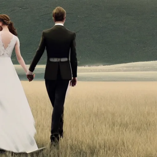 Image similar to emma watson in her wedding dress on a vast field, extremely long hair, unreal engine