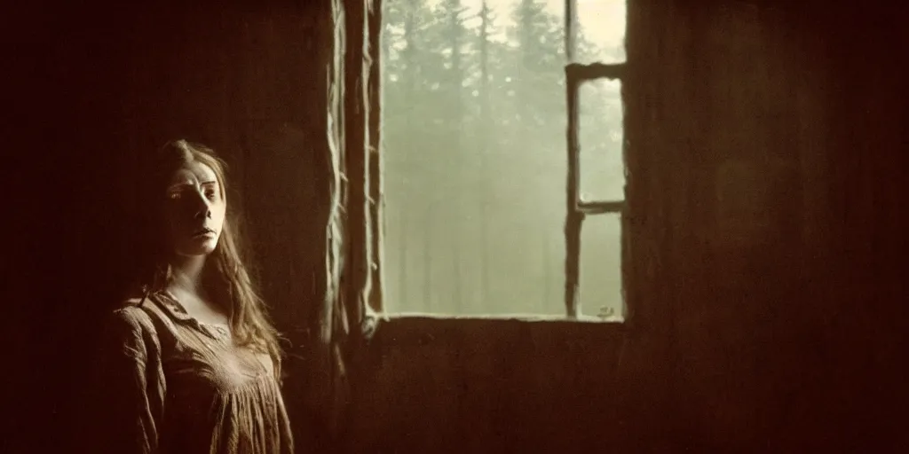 Image similar to portrait bust of young woman, tired expression, faded color film, russian cinema, tarkovsky, kodachrome, inside old cabin, next to window, heavy forest outside, long brown hair, old clothing, heavy fog, brown color palette, hudson river school, 4 k, dramatic lighting, greg rutkowski