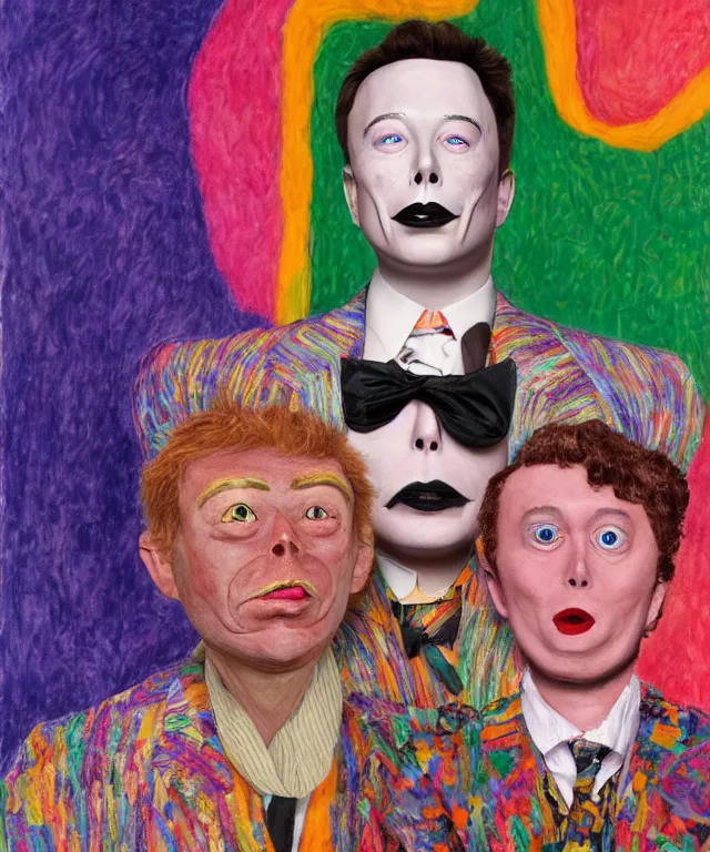 Prompt: the world's richest man is a ventriloquist dummy from south africa, psychedelic, elon musk! as the puppet master, patterned skin, trending on artstation, photorealism, vibrant colors, digital art, in the style of harumi hironaka, gustav klimt, egon schiele, copy whitmore, david bates, monet, octane render.